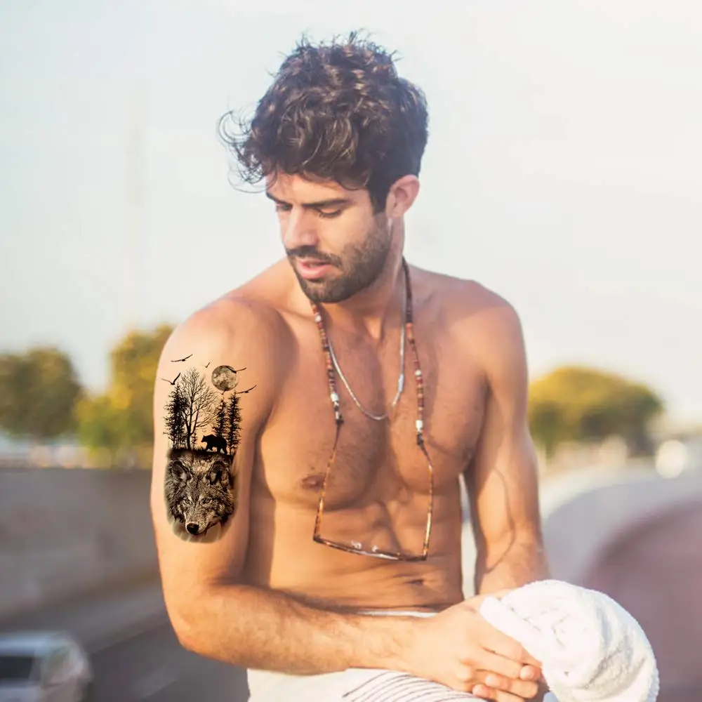 Временные татуировки для Для мужчин детская женщин черный лес череп Тигр Орел с