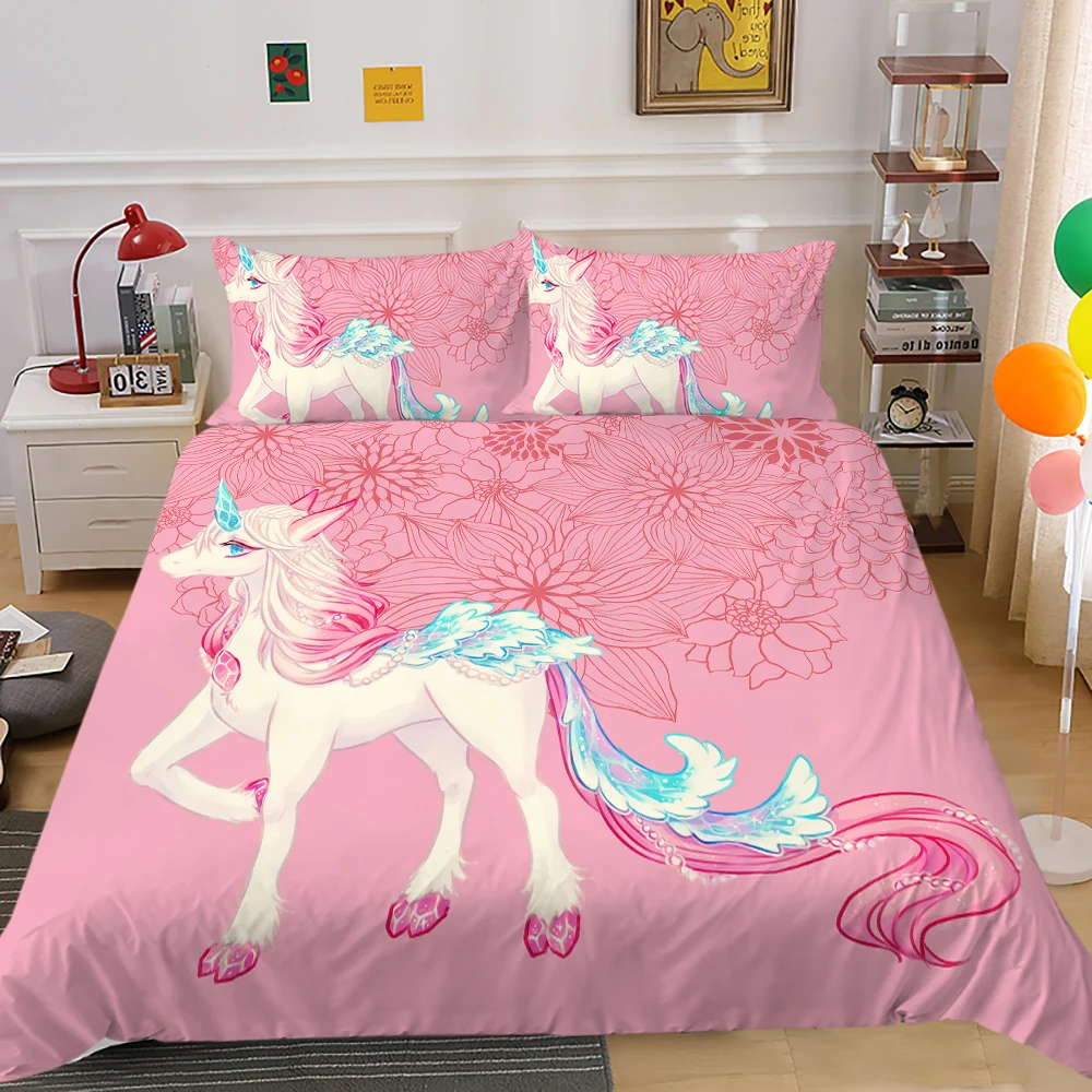 

Children Bedding Set 2/3 Pcs Unicorn Theme Duvet Cover Set Lovely Cartoon Printing Room Decoration