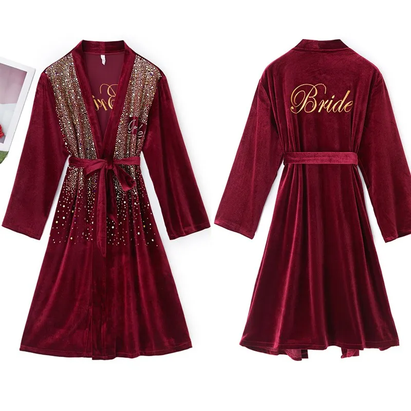 

Women Nightgown Burgundy Drilled Wedding Robe Velour Intimate Lingerie Casual Long Sleeve Homewear Kimono Bathrobe Gown