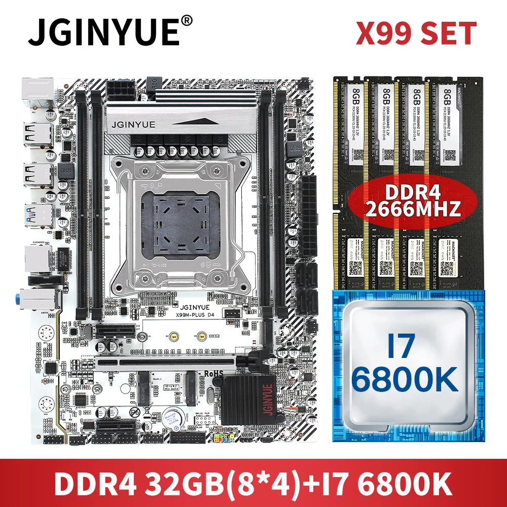 Preise JGINYUE X99 Motherboard LGA 2011-3 Combo Mit 32GB 4*8GB DDR4 RAM Speicher Core I7-6800K Prozessor Set Kit Mainboard X99M-PLUS D4