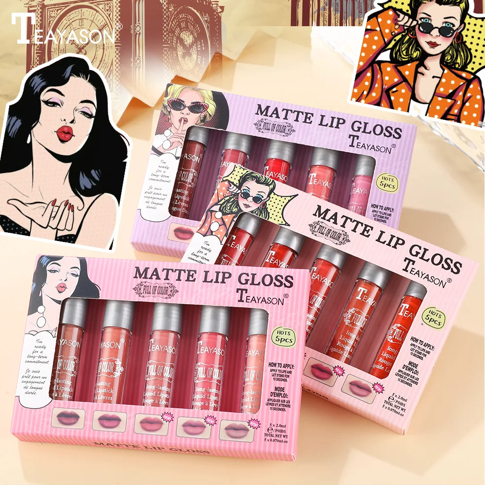 

6pcs/Set Red Series Style Non-fading Lip Glaze Mirror Non-Stick Cup Lipstick Matte Velvet Lip Gloss Tint Women Makeup Comestics
