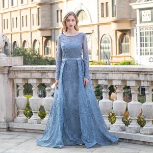 Dubai Blue Embroidered Long Sleeve Evening Dress O Neck Lace Stones Formal Evening Gowns Mermaid Robe De Soiree