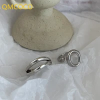 qmcoco silver color simple double deck hollow out rings punk open adjustable handmade ring for woman trendy fashion jewelry