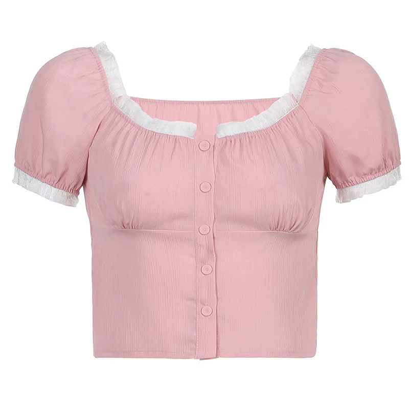 

New Girls Age-reducing Lace Border Cardigan Breasted Square Collar Top Women Short Waist Puff Sleeve T-shirt