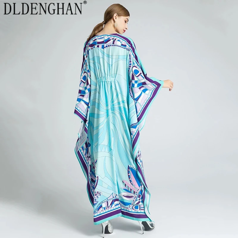 

DLDENGHAN Fashion Geometry Print Floor-Length Dress Women's V-Neck Batwing Sleeve Loose Vacation Maxi Dresses Spring New