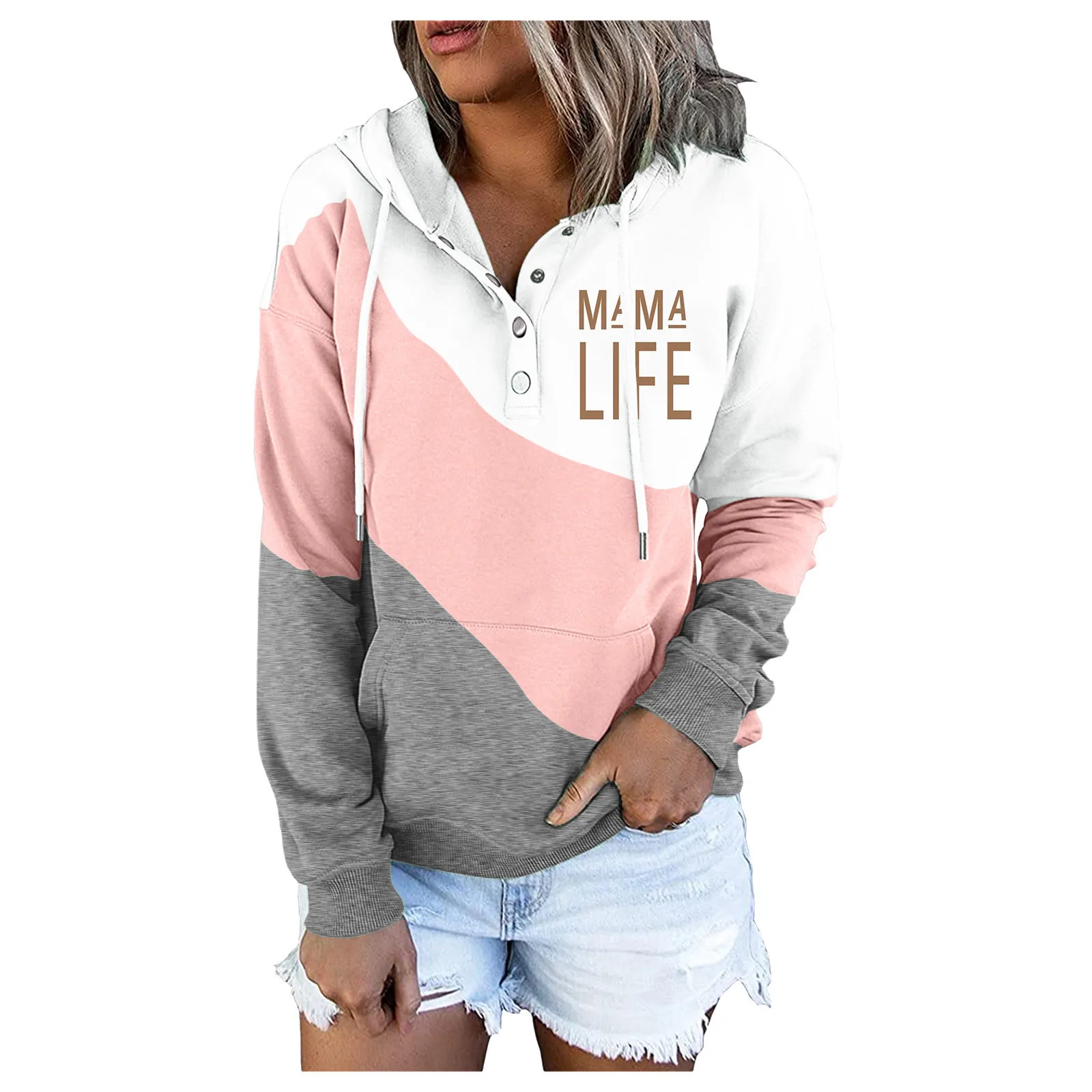 

Ladies Blouse Pocket Drawstring Long-Sleeved Button Hoodie Printed Pullover Top Sweatshirt Pullover