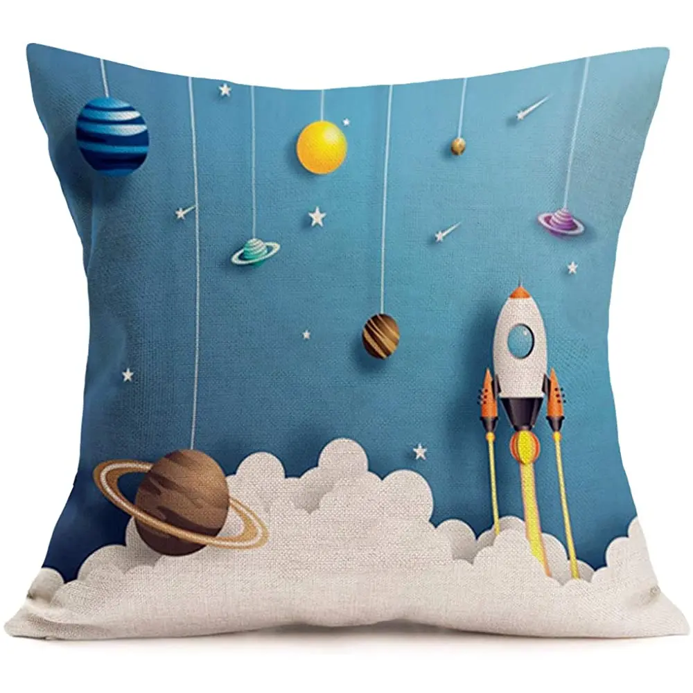 

Xihomeli Space Planet Decorative Pillowcase Cute Cartoon Solar System Rocket Prints Throw Pillow Cushion Covers Cotton Linen