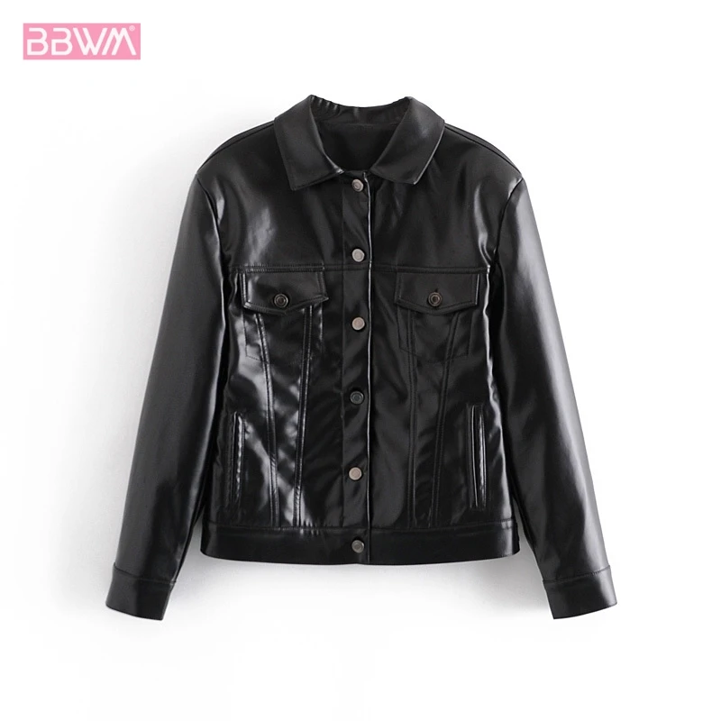 

Модная женская куртка с отворотом и длинными рукавами, черная куртка из искусственной кожи с карманами, повседневные короткие шикарные жен...