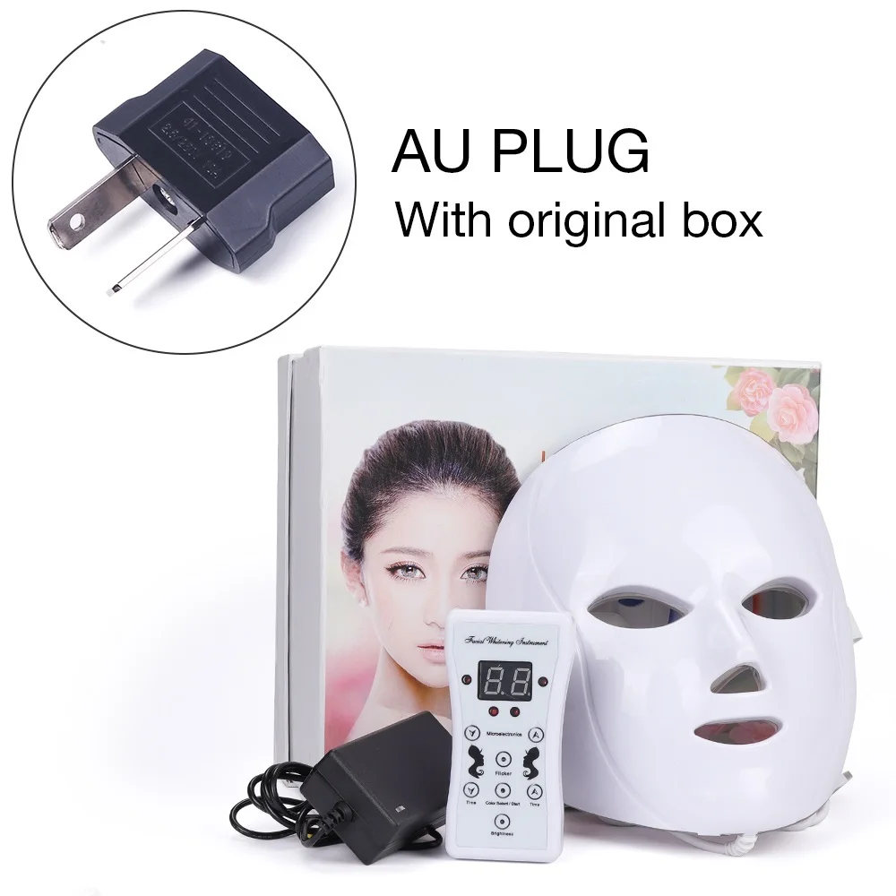 AU PLUG with BOX 7 цветов светодиодный аппарат для ухода за кожей лица против морщин устройство для удаления акне Красота спа устройство омоложение кожи белый маска для лица - Цвет: AU PLUG with BOX
