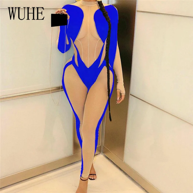 

KEXU Patchwork Mesh See Through Stitching Color Jumpsuits Long Sleeve Package Hip O Neck Skinny Party Streetwear Nightclub