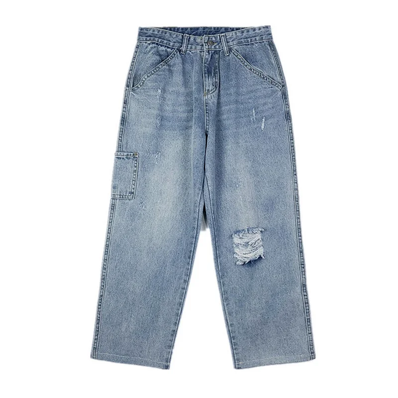 

Autumn Mens Loose Straight Pants Water Wash Hole Men Pants Hip hop Wide Leg Pants Pocket Jeans Biker Denim Trousers Dropshipping
