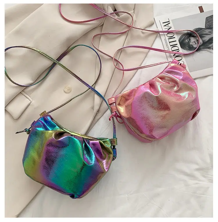 

Summer New Colorful Pleated Women Shoulder Bag Fashion Design Ladies Laser Mini Crossbody Bag Female Small Tote Clutch Purse
