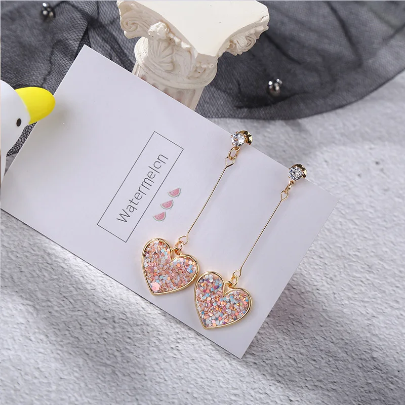 Женские серьги в форме сердца красные длинные с блестками Корейском стиле