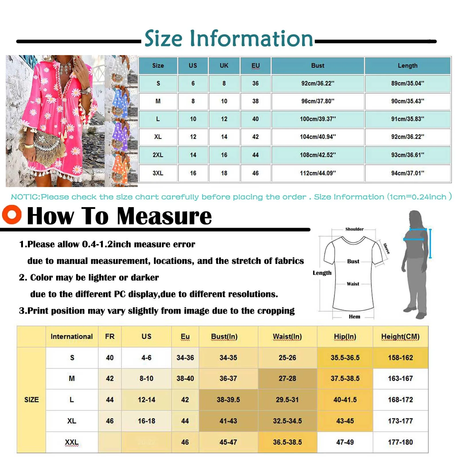 

Women Three-quarter Sleeve Boho Floral Printed Dress Tassel V-neck Mini Dresses