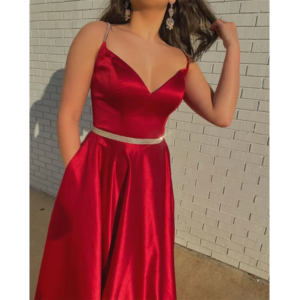 HONGFUYU Simple Red Prom Dresses 2020 vestidos de fiesta noche A Line Satin Pockets Evening Gowns gala jurken with Crystals | Свадьбы и