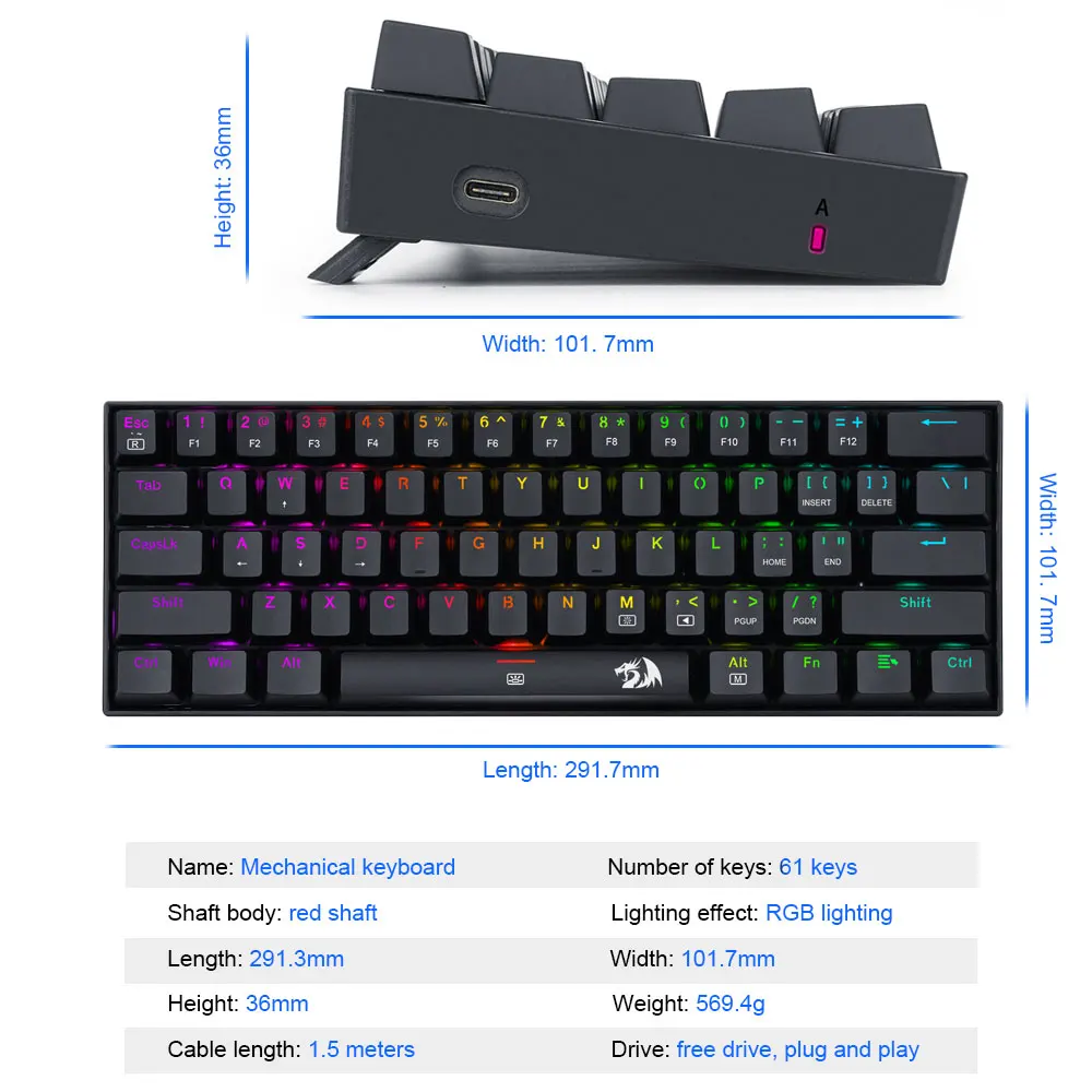 Redragon DragonBorn K630 RGB USB Механическая игровая клавиатура красный переключатель 61
