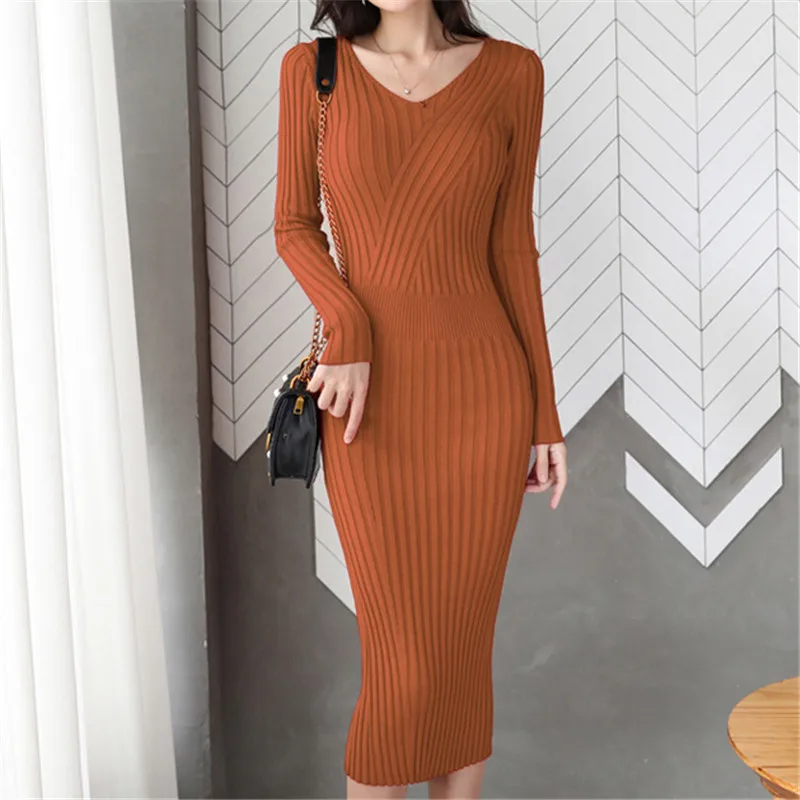 Женское трикотажное платье-свитер с V-образным вырезом | Женская одежда
