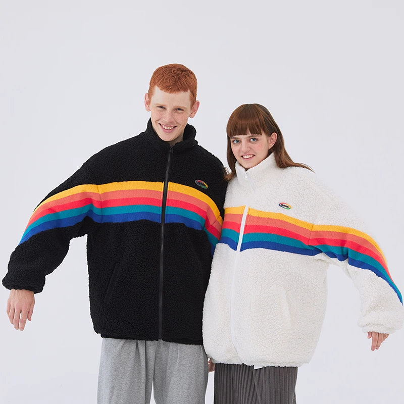 2021 Harajuku Furry Down Jackets Men Rainbow Striped Padded Zipper Coat Streetwear Hip Hop Fashion Winter Outwear Tops Clothing