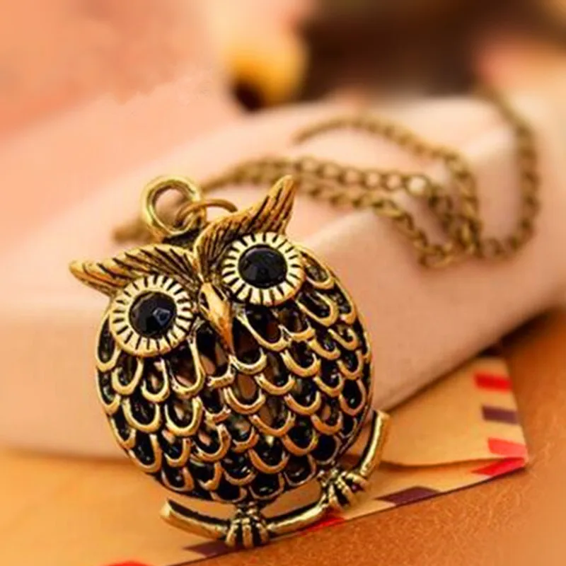 

New Fashion Vintage Women Owl Pendant Long Sweater Chain Jewelry Golden Antique Gold Color Bronze Charm Jewelry Stainless Steel