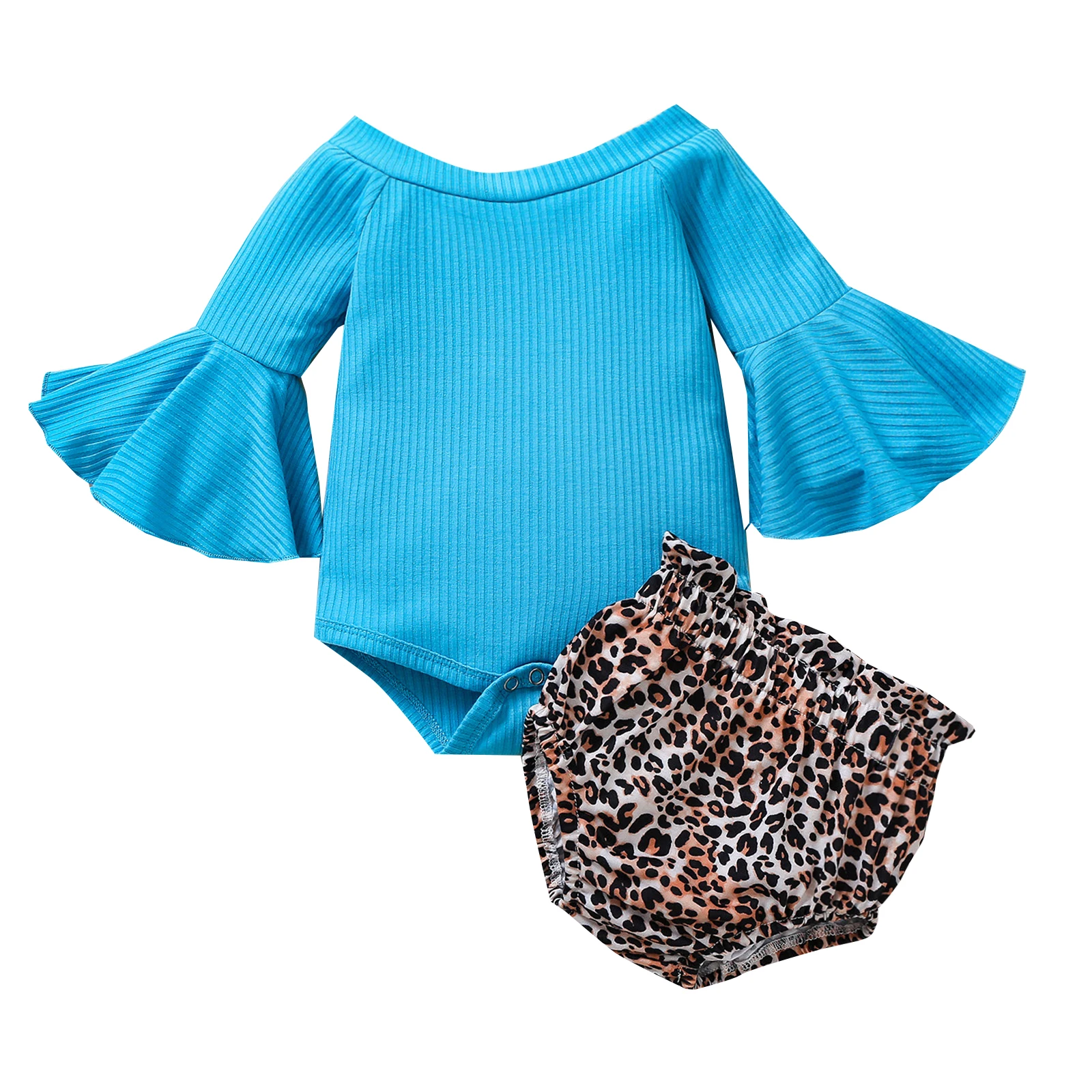 

Autumn Newborn Baby Girls Cute Clothes Sets Flare Sleeve Off Shoulder Top + Leopard Mini Shorts Spring Clothing Set