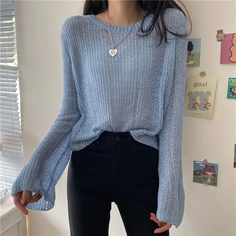 

Pullover Knitted Sweater Thick Needle Women T-Shirt O-Neck Long Sleeve Loose Blue Top 2021 Spring Autumn Solid Korean Blouses