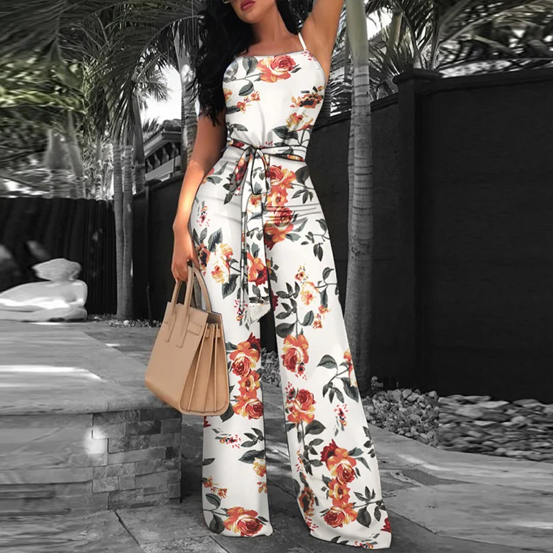 

Summer Women Elegant Print Wide Leg Jumpsuit Sexy Off Shoulder Romper Bodysuit Causal Tied Detail Office Lady Overalls Playsuit