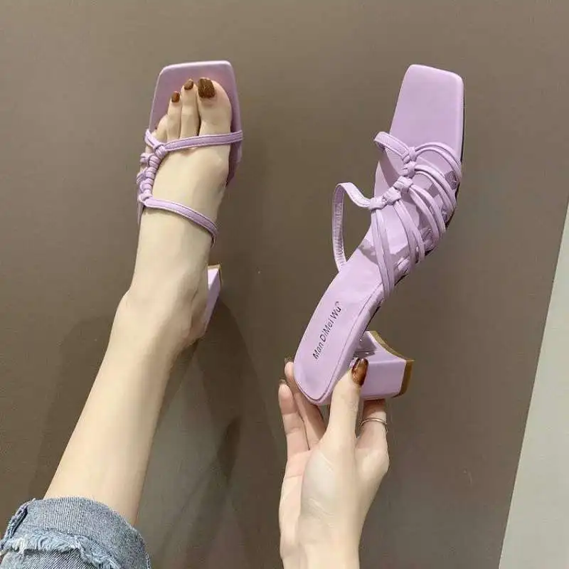 

Women's Outdoor Sandals Summer New High Heels Chunky Heel Square Heel Woven Half Slippers Fashion