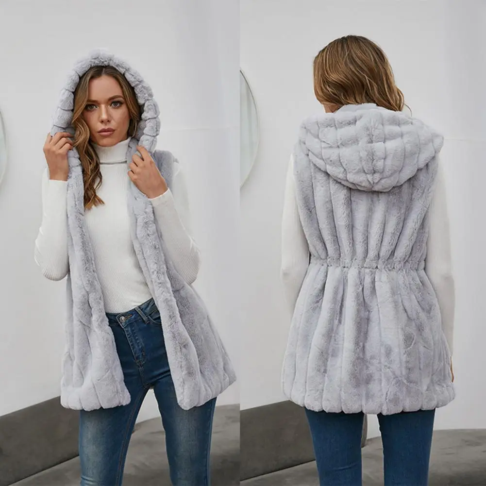 

Women Fluffy Vest 2021 Waist Tight Hooded Vest Coat Faux Fur Pockets Long Warm Vest Overcoat Outerwear
