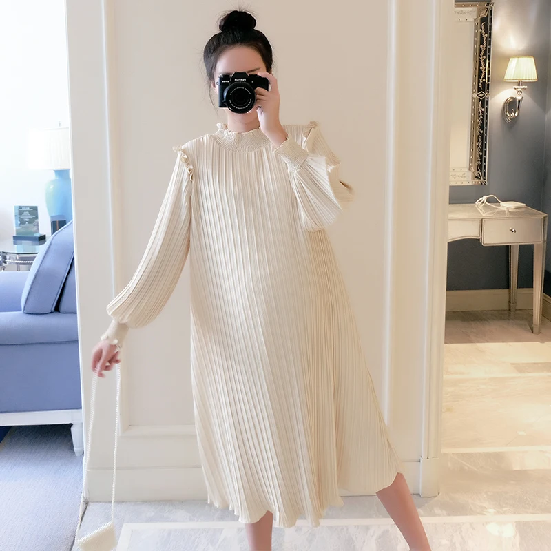 

9386# 2020 Spring New Korean Fashion Maternity Long Dresses Sweet Pleated Loose Clothes for Pregnant Women Pregnancy Clothing