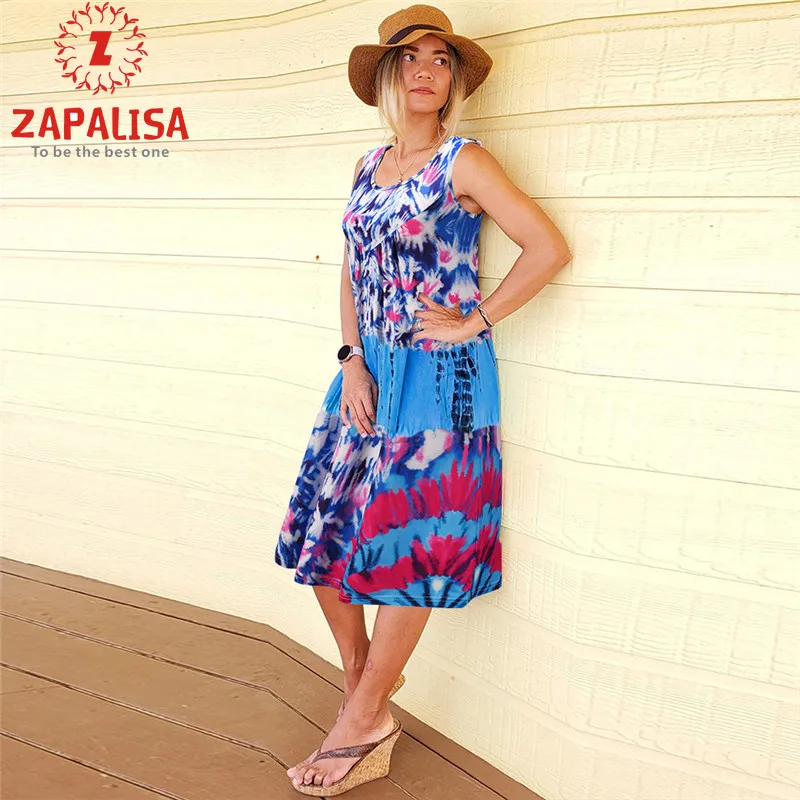 

Fashion Women Summer Casual Loose Dress Tie-dye Print Design O-Neck Sleeveless Mid Waist Pullovers Dress for Streetwear