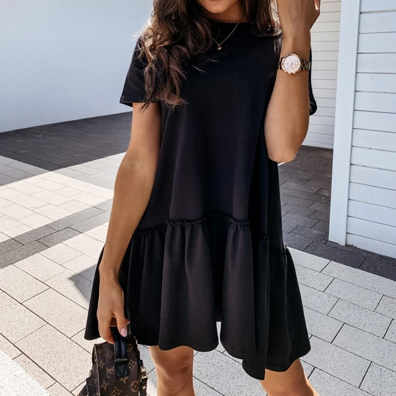 Black Casual Short Dress for Women Summer 2021 Short Sleeve Loose Style Ruffles Patchwork Mini Dress Female Daily Vestidos