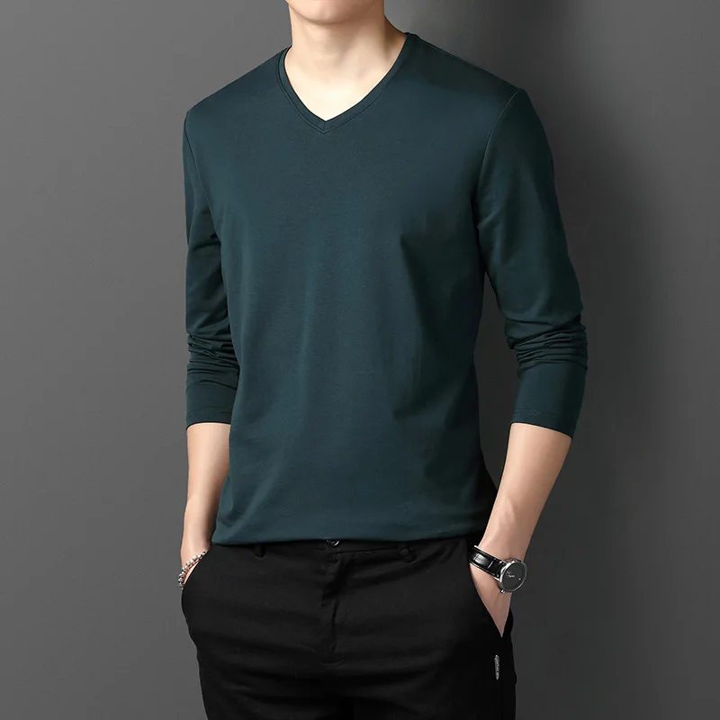 

Luren 9-color V-neck Long-sleeved T-shirt Men Fashion Casual Thin Soft Pure Cotton Tee Male Brand Clothes