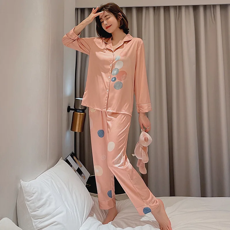 

Pyjamas Long-sleeved Trousers Ice Silk Thin New Ladies Casual Loose-fitting Home Clothing Set Loungewear Women Dropshipping