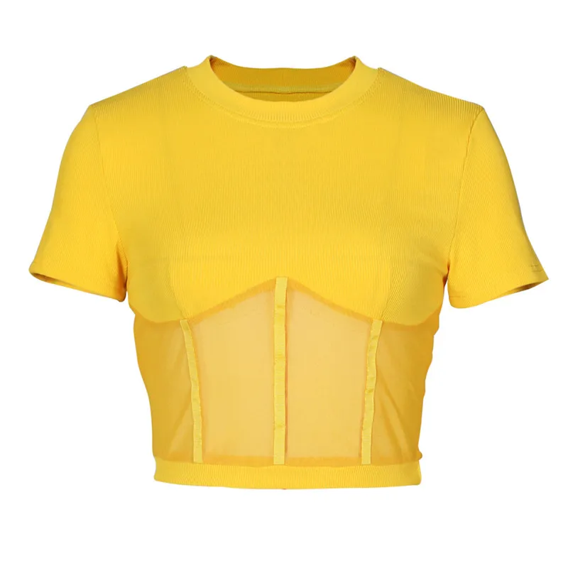 ANJAMANOR Ribbed Mesh Spliced Sexy Shirts for Women Clothing 2020 Summer Short Sleeve Slim Sheer Crop Top T Shirt D48-BF12 | Женская