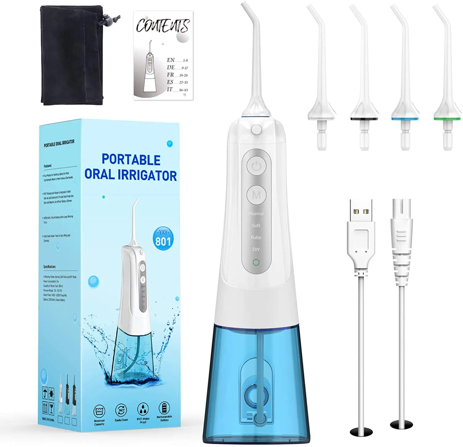 

Portable Water Flosser Rechargeable Oral Irrigator 300ML Dental Water Jet 3+DIY Modes IPX7 Waterproof Teeth Cleaner