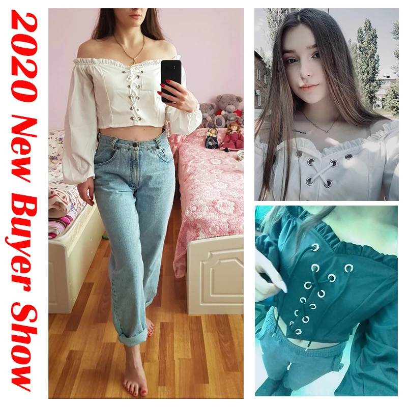 

Womens Off Shoulder Top Long Sleeve Ruffle Vintage Blouse With Puff Sleeves Lace Up Ladies Tops Bandage Crop Tops Black White