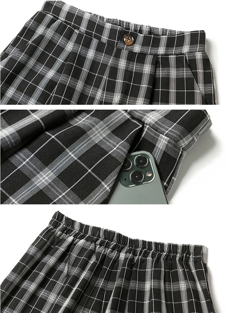 

Cotton Linen Plaid Pants Elastic Waist Pants Women High Waist Plus Size Wide Leg Pants Casual Female Korean Trousers Women 2020