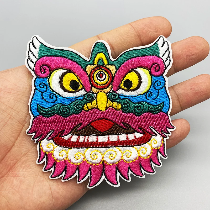 Lion dance color Embroidered patch Iron On Clothes For Clothing Stickers Wholesale Cartoon Badges Applique DIY Sewing Decorative