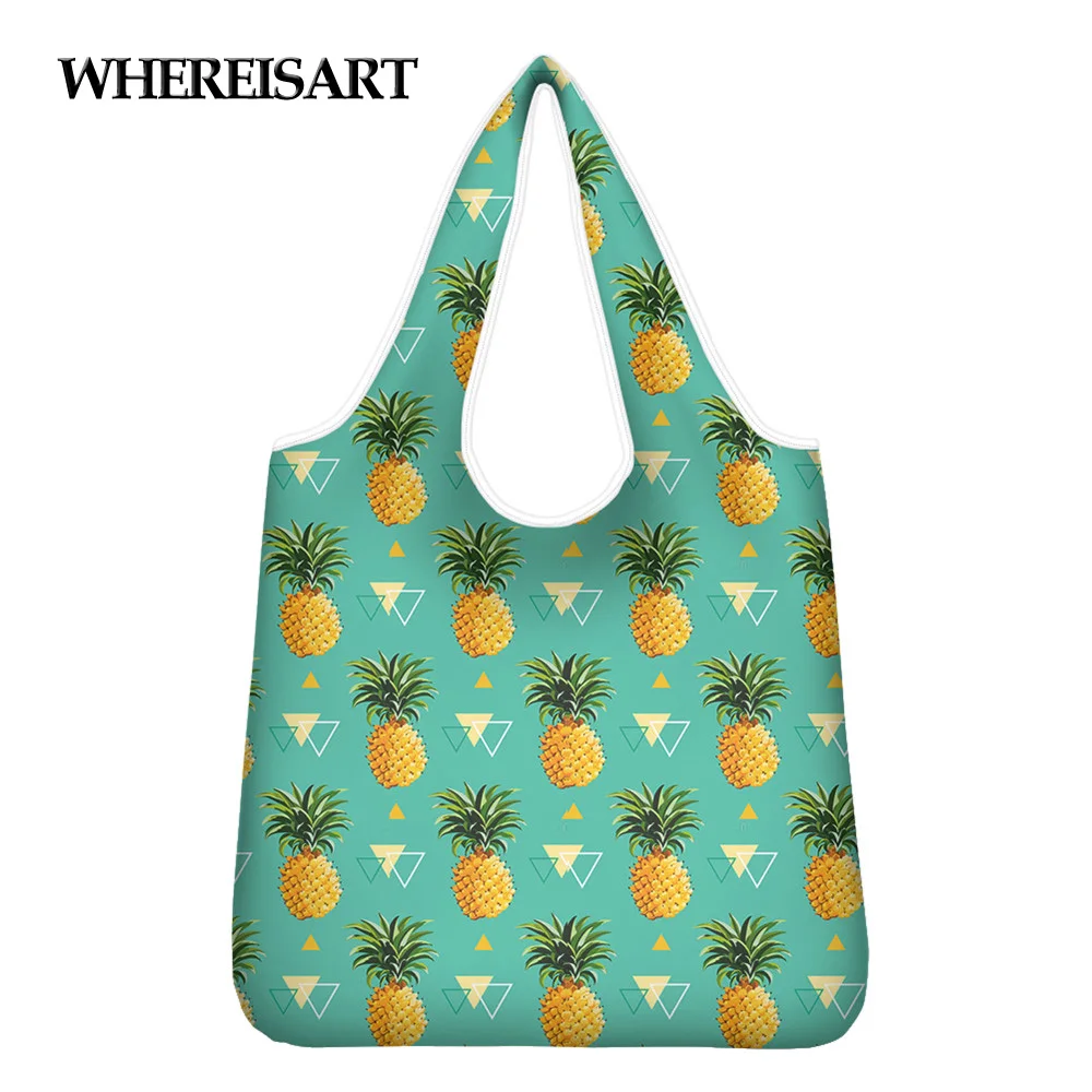 

WHEREISART Harajuku Eco Shopping Bag For Women Yellow Pineapple Fruits 3D Printing Recycled Ladies Shopper Shoulder Bolsas