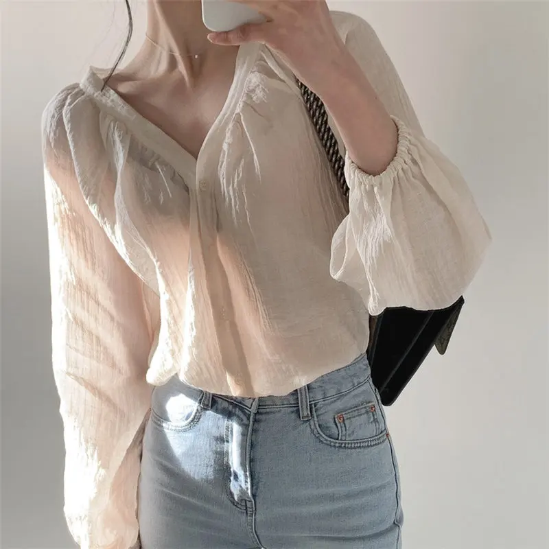 

2021 короткие женские элегантные повседневные топы; Прочная женская рубашка свободного кроя с v-образным вырезом с длинным рукавом t-рубашка к...