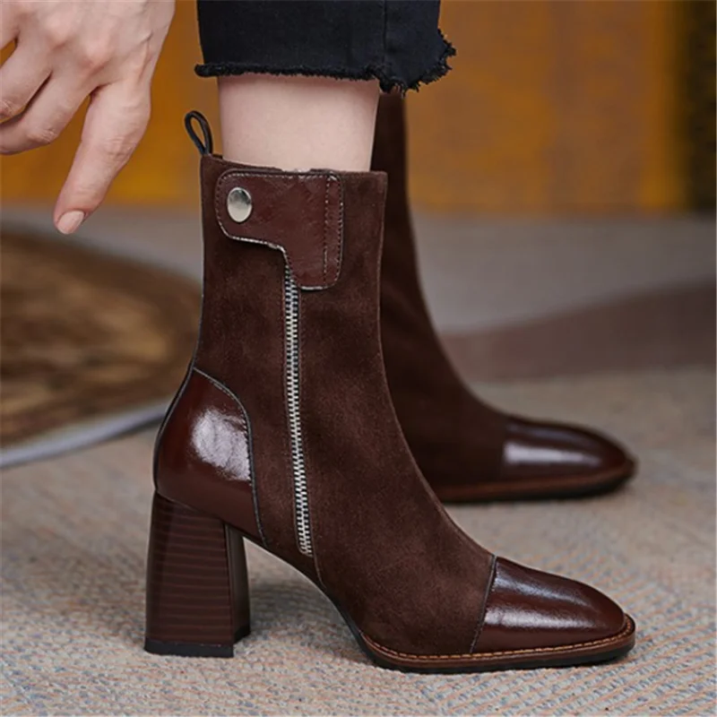 

2021 Autumn and Winter New Women's Sexy Slim High-heeled Mid-tube Boots Fashion Thick-soled Square Toe Zipper Boots Casual Boots