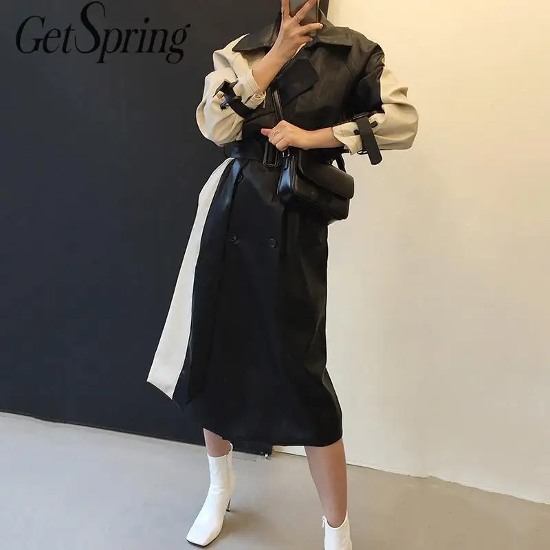 GetSpring женский кожаный Тренч с отворотами двубортное длинное пальто из
