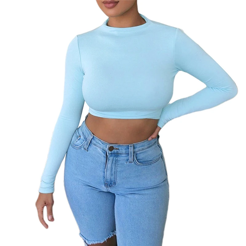 

FREE SHIPPING Pop Female T-Shirt Solid Color Round Neck Long Sleeve T-Shirt Women's Exposed Navel Slim Short Crop Top
