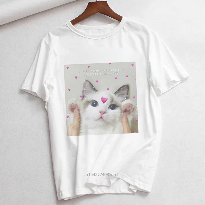 

Korean Ulzzang Cry Cat Loves Print Tops I'M Always Tired But Never Of You Cute Summer Short Sleeve Loose Funny Spoof T-shirt