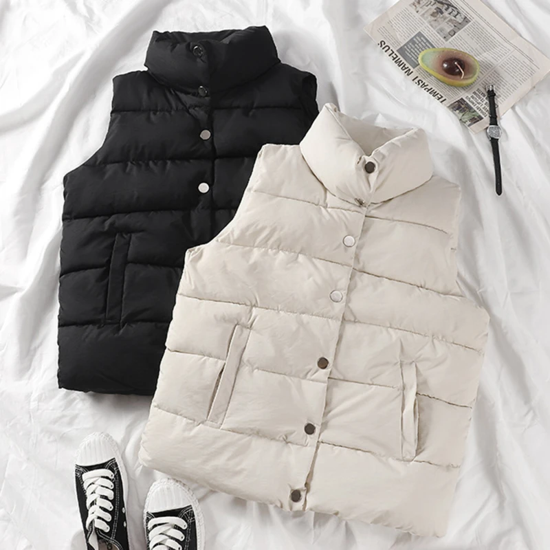 

2022 Autumn Winter Women Solid Loose Vest Drawstring Stand Collar Long Vest Jacket Cotton Padded Women Windproof Warm Waistcoat