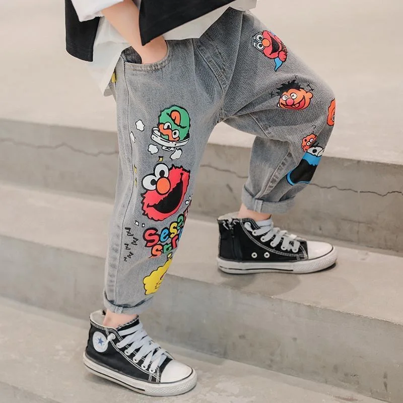 

Funny Head Print Boys Jeans Spring Autumn New Korean Baby Clothes Big Kids Loose Trousers Casual Girls Spring Cartoon Pants 2022