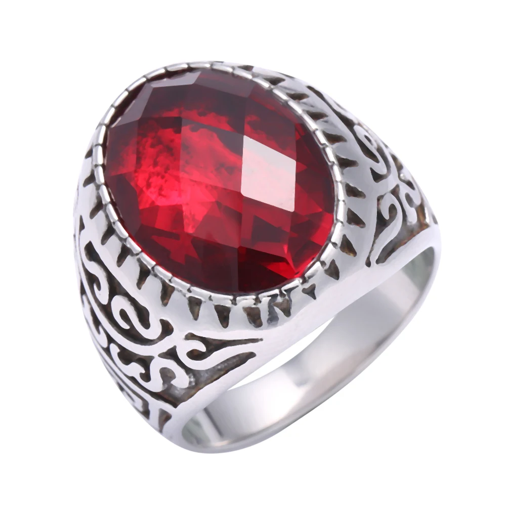

High Quality Red Big Stone Men's Ring Stainless Steel Men's Jewelry Silver Color Charm Ring for Men Women GJ0020