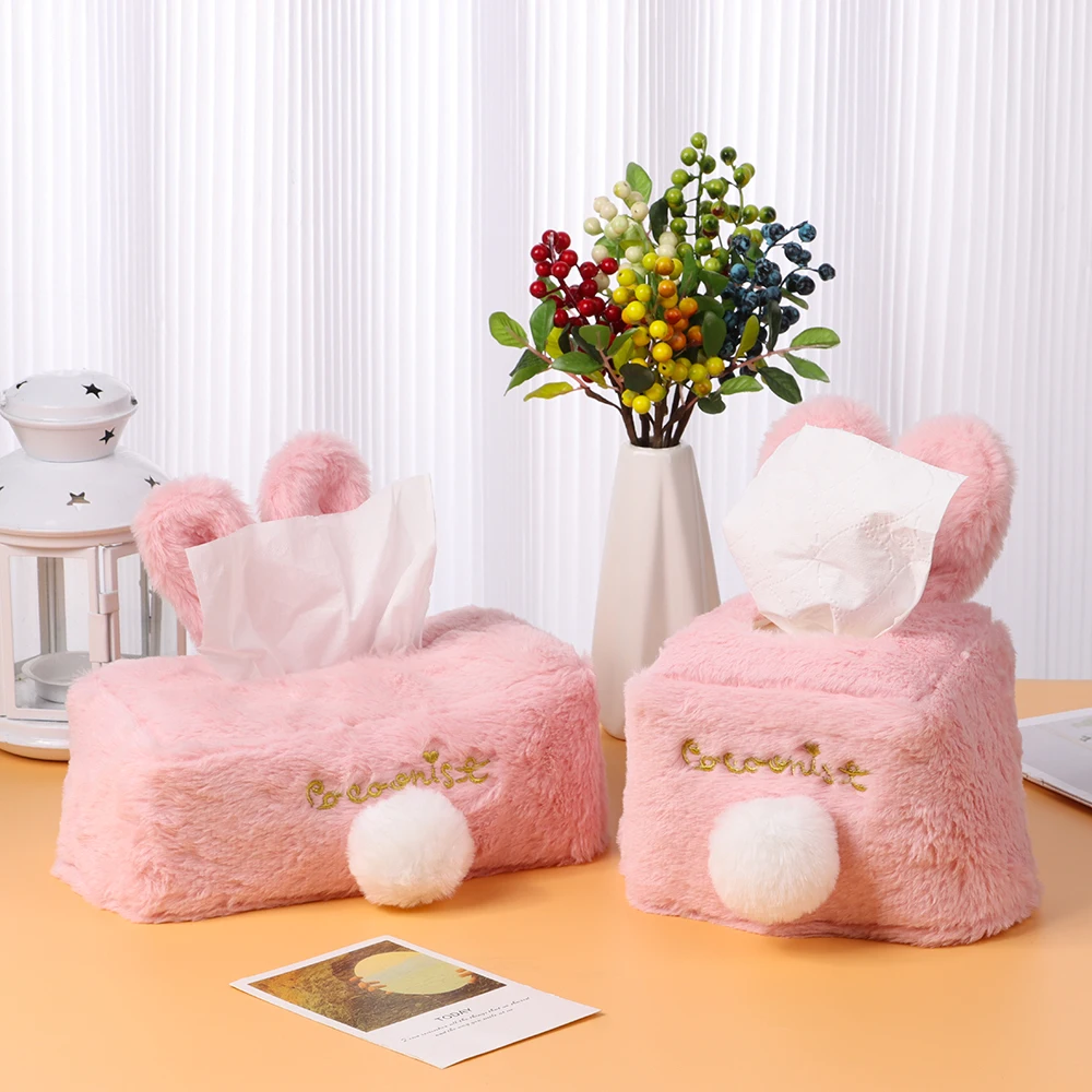 

Cute Sweet Pink White Cartoon Plush Rabbit Tissue Box Car Table Decor Living Room Bedroom Stuffed Tissue Box Holder Girl's Gift