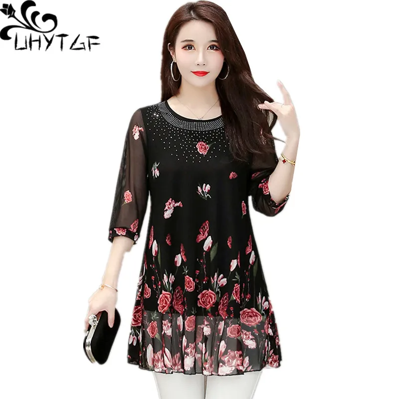 

UHYTGF Fashion Summer Blouse Women Printed Mesh Thin Shirt Female Mid-Length Casual Mother Loose 5XL Loose Size Tops Blusas 4