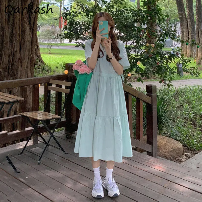 

Женские свободные платья для вечерние, стильные платья до середины икры в стиле Харадзюку, милые мягкие летние праздничные однотонные плат...